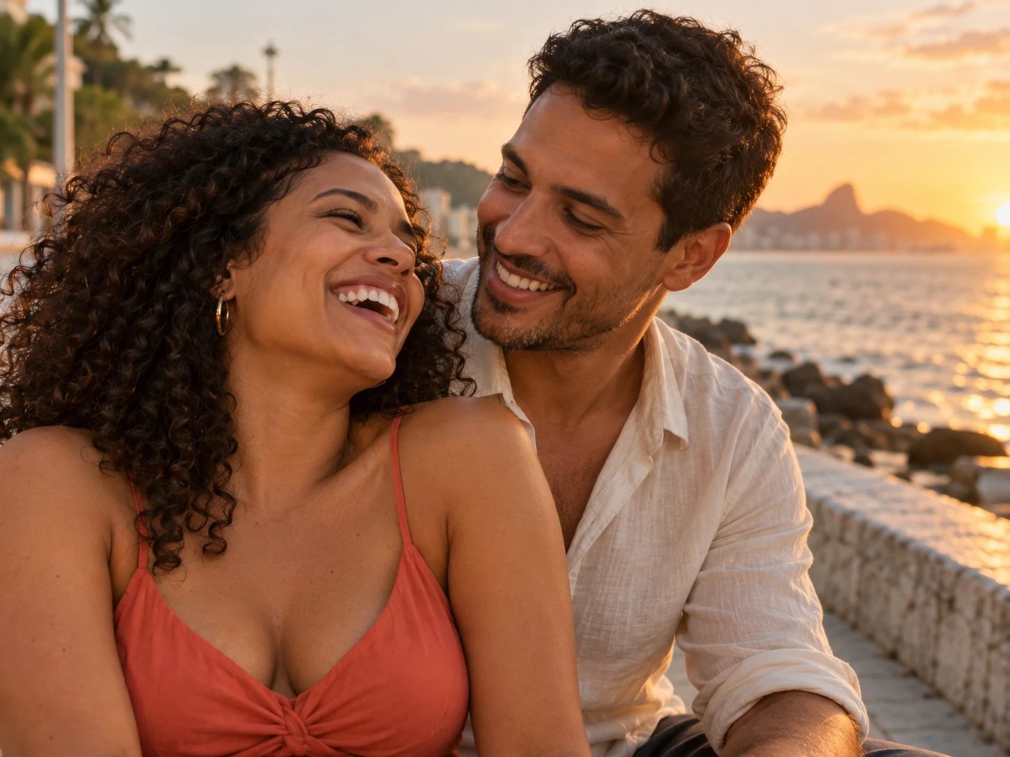 Casal fictício sorrindo à beira-mar, em imagem ilustrativa